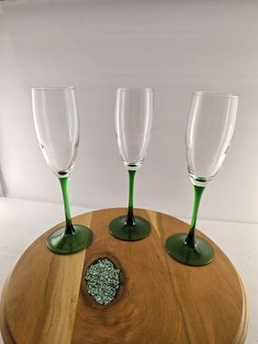 Luminarc France Emerald Green Stem Champagne Flutes Set of 3, Vintage